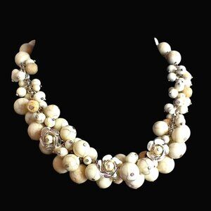 White House Black Market Beaded Statement Necklace with Silver Rose Accents
